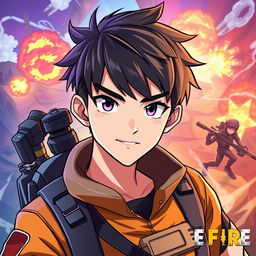 A vibrant and dynamic anime-style profile picture inspired by the Free Fire video game, featuring a heroic character named Kevin KJ