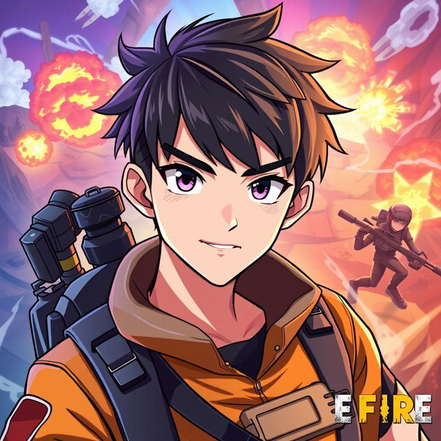 A vibrant and dynamic anime-style profile picture inspired by the Free Fire video game, featuring a heroic character named Kevin KJ
