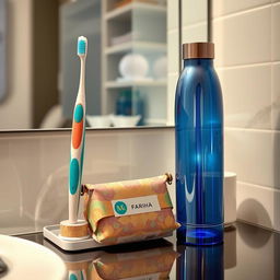 A beautifully arranged bathroom shelf featuring a toothbrush named 'Fariha', a soap named 'Sally', and a water bottle named 'Merjan'