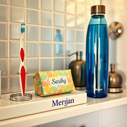 A beautifully arranged bathroom shelf featuring a toothbrush named 'Fariha', a soap named 'Sally', and a water bottle named 'Merjan'