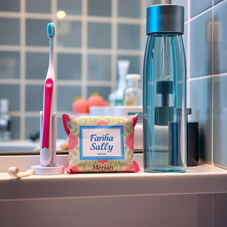 A beautifully arranged bathroom shelf featuring a toothbrush named 'Fariha', a soap named 'Sally', and a water bottle named 'Merjan'
