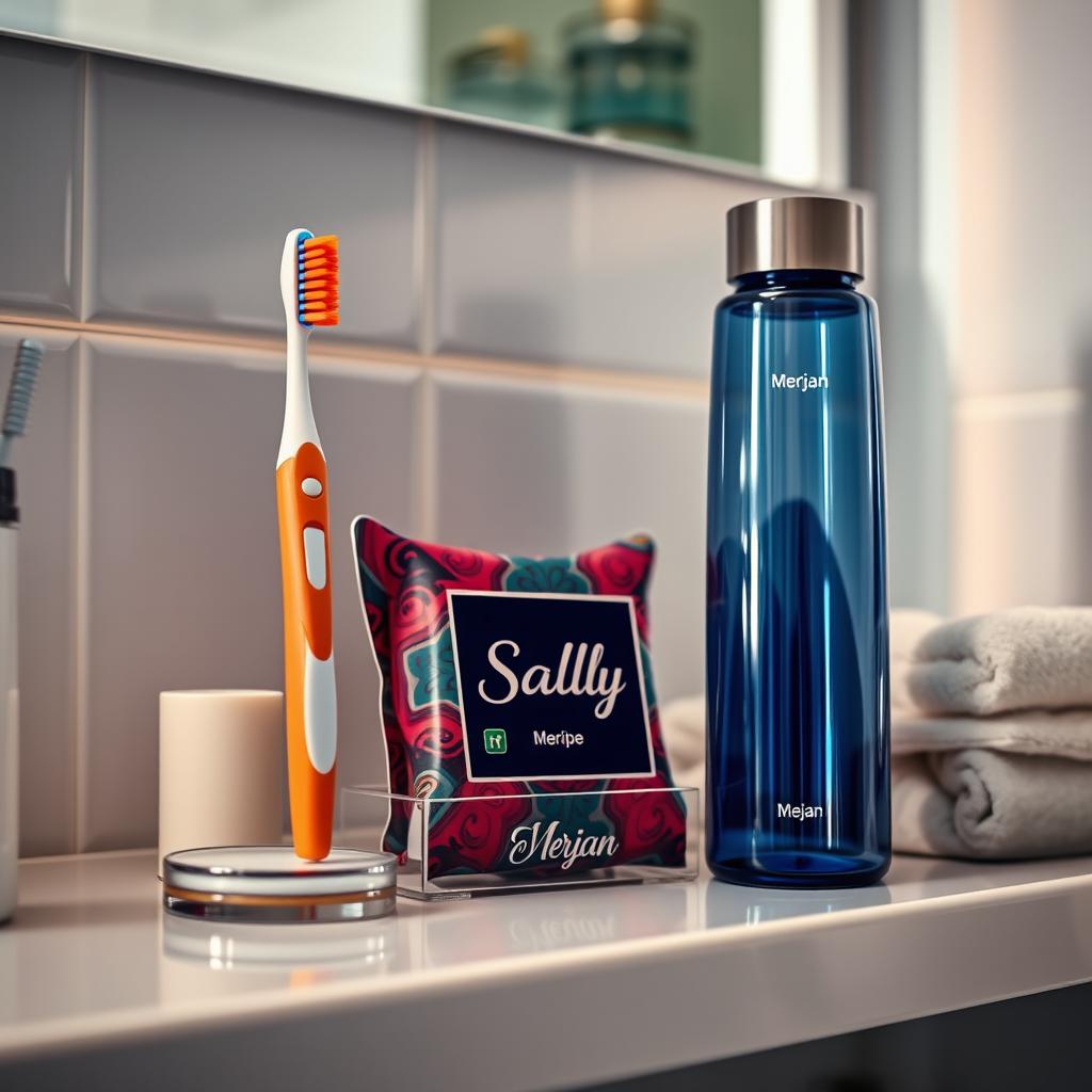 A beautifully arranged bathroom shelf featuring a toothbrush named 'Fariha', a soap named 'Sally', and a water bottle named 'Merjan'