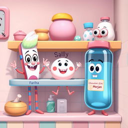 A whimsical cartoon scene depicting a bathroom shelf with three animated characters: a toothbrush named 'Fariha', a soap named 'Sally', and a water bottle named 'Merjan'
