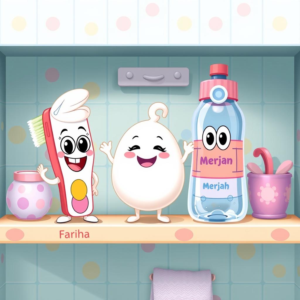 A whimsical cartoon scene depicting a bathroom shelf with three animated characters: a toothbrush named 'Fariha', a soap named 'Sally', and a water bottle named 'Merjan'
