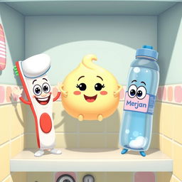 A whimsical cartoon scene depicting a bathroom shelf with three animated characters: a toothbrush named 'Fariha', a soap named 'Sally', and a water bottle named 'Merjan'
