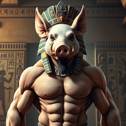 A depiction of an ancient Egyptian god resembling a pig-human hybrid, featuring a muscular male body that combines both human and pig traits