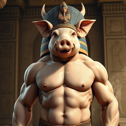 A depiction of an ancient Egyptian god resembling a pig-human hybrid, featuring a muscular male body that combines both human and pig traits