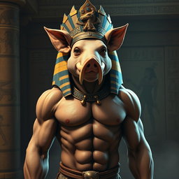 A depiction of an ancient Egyptian god resembling a pig-human hybrid, featuring a muscular male body that combines both human and pig traits