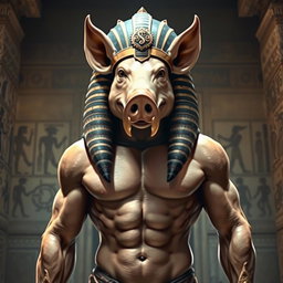 A depiction of an ancient Egyptian god resembling a pig-human hybrid, featuring a muscular male body that combines both human and pig traits