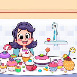 A cartoon scene featuring a cheerful character sitting at a table filled with colorful sweets and desserts, such as cupcakes, candies, and lollipops