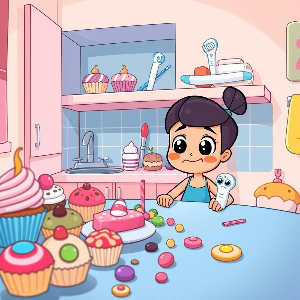 A cartoon scene featuring a cheerful character sitting at a table filled with colorful sweets and desserts, such as cupcakes, candies, and lollipops