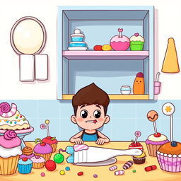 A cartoon scene featuring a cheerful character sitting at a table filled with colorful sweets and desserts, such as cupcakes, candies, and lollipops