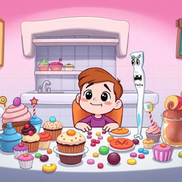 A cartoon scene featuring a cheerful character sitting at a table filled with colorful sweets and desserts, such as cupcakes, candies, and lollipops