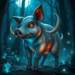 A mysterious pig creature, with an otherworldly appearance and shimmering iridescent skin, standing in a dark enchanted forest