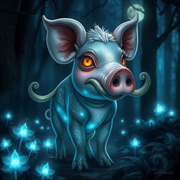 A mysterious pig creature, with an otherworldly appearance and shimmering iridescent skin, standing in a dark enchanted forest