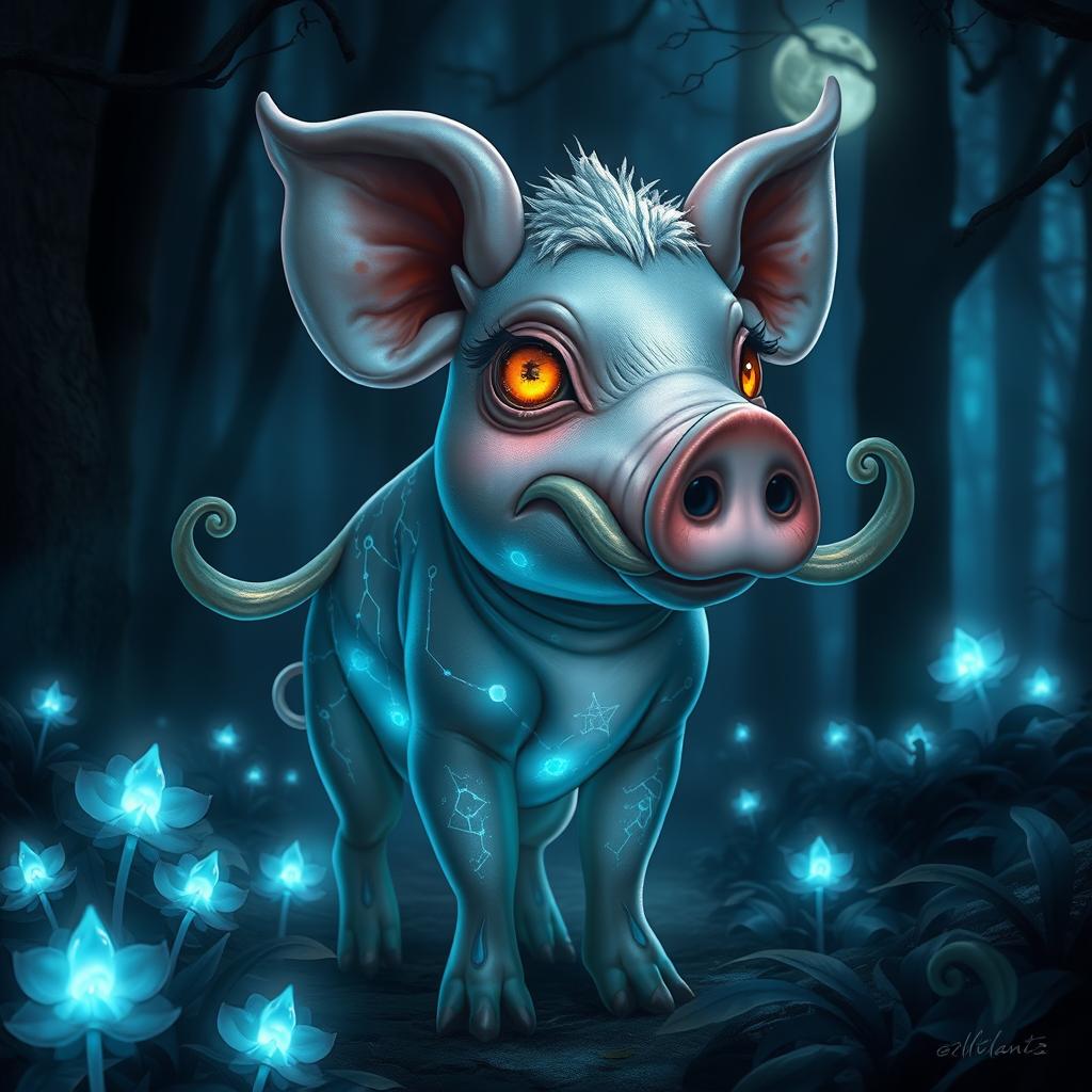A mysterious pig creature, with an otherworldly appearance and shimmering iridescent skin, standing in a dark enchanted forest