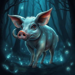 A mysterious pig creature, with an otherworldly appearance and shimmering iridescent skin, standing in a dark enchanted forest