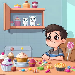 A cartoon scene featuring a boy sitting at a table filled with colorful sweets and desserts, such as cupcakes, candies, and lollipops