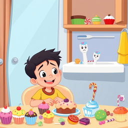 A cartoon scene featuring a boy sitting at a table filled with colorful sweets and desserts, such as cupcakes, candies, and lollipops