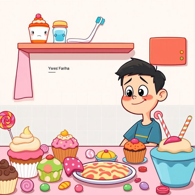 A cartoon scene featuring a boy sitting at a table filled with colorful sweets and desserts, such as cupcakes, candies, and lollipops