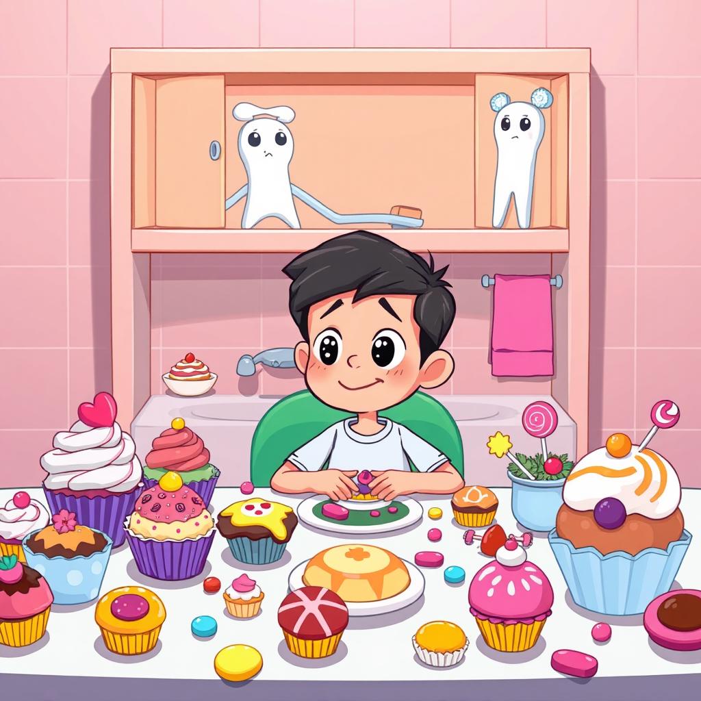 A cartoon scene featuring a boy sitting at a table filled with colorful sweets and desserts, such as cupcakes, candies, and lollipops