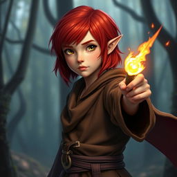 A young half-elf girl with vibrant red hair, styled just above her shoulders, showcases her striking gold eyes