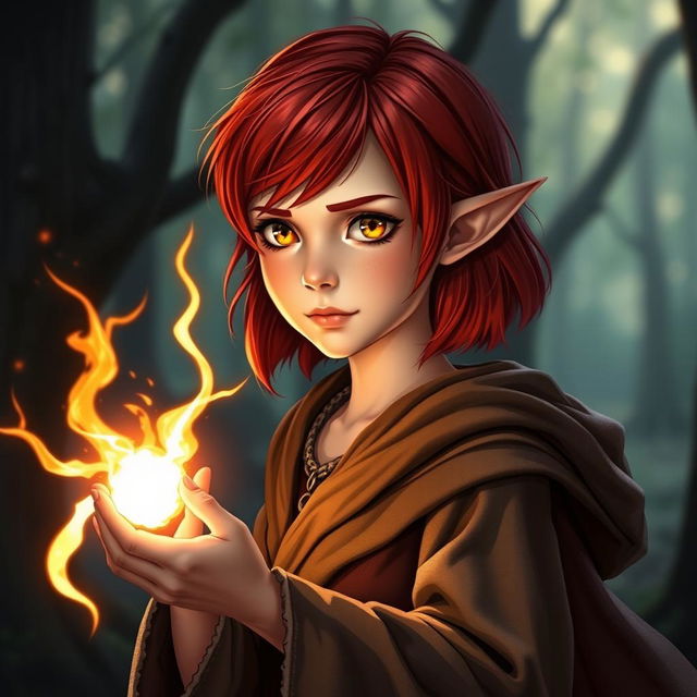 A young half-elf girl with vibrant red hair, styled just above her shoulders, showcases her striking gold eyes