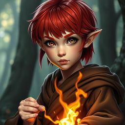 A young half-elf girl with vibrant red hair, styled just above her shoulders, showcases her striking gold eyes