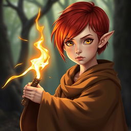 A young half-elf girl with vibrant red hair, styled just above her shoulders, showcases her striking gold eyes
