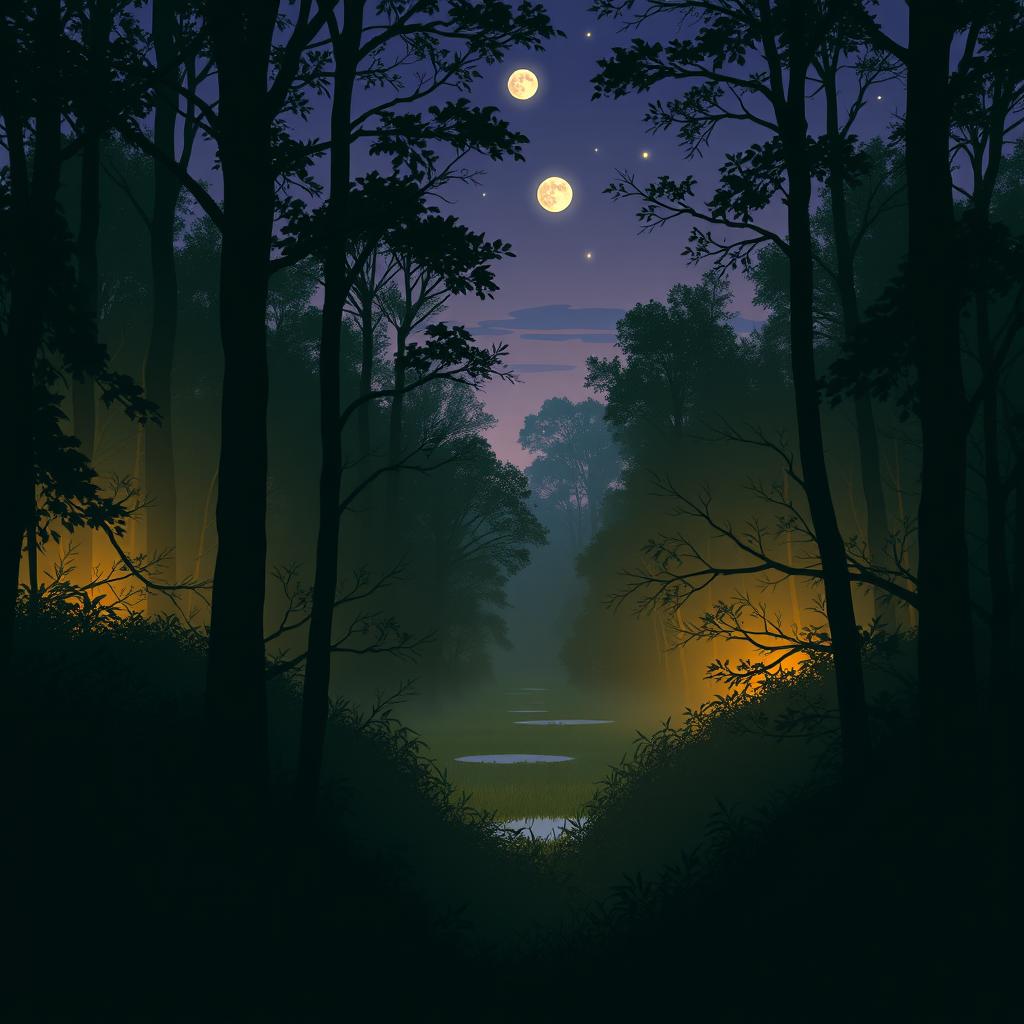 A mystical scene titled 'Entre Sombras e Luz', depicting a serene forest at dusk, where shadows and light play upon the trees