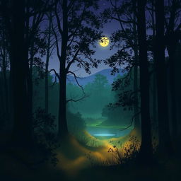 A mystical scene titled 'Entre Sombras e Luz', depicting a serene forest at dusk, where shadows and light play upon the trees