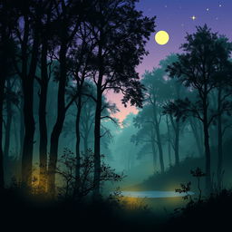 A mystical scene titled 'Entre Sombras e Luz', depicting a serene forest at dusk, where shadows and light play upon the trees