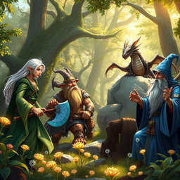 A group of diverse fantasy characters gathered in a lush enchanted forest
