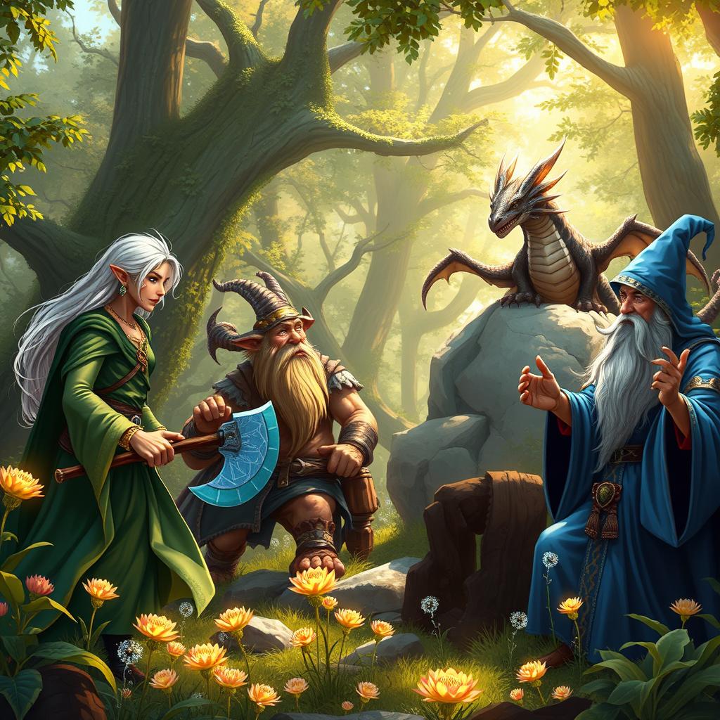 A group of diverse fantasy characters gathered in a lush enchanted forest