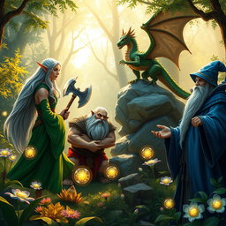 A group of diverse fantasy characters gathered in a lush enchanted forest