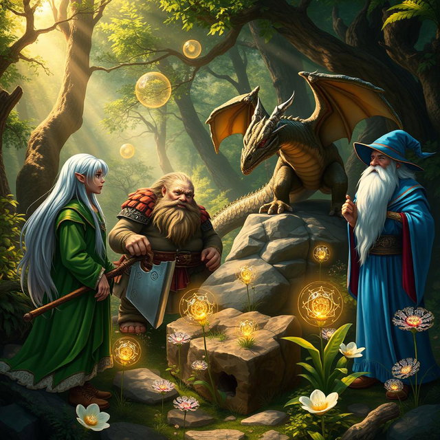 A group of diverse fantasy characters gathered in a lush enchanted forest