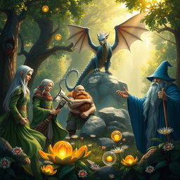 A group of diverse fantasy characters gathered in a lush enchanted forest