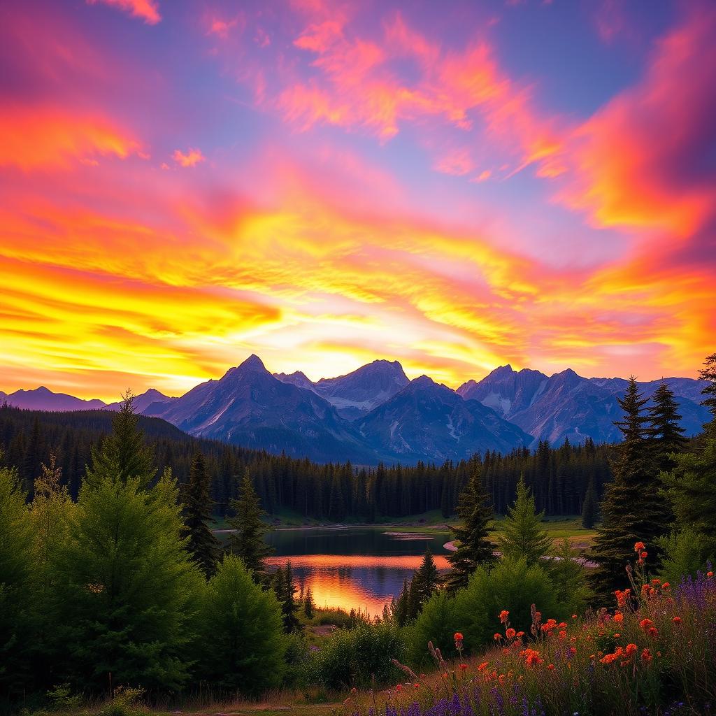A visually stunning and vibrant landscape showcasing a vast, colorful sunset over a picturesque mountain range