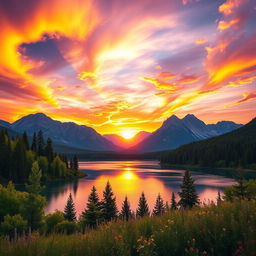 A visually stunning and vibrant landscape showcasing a vast, colorful sunset over a picturesque mountain range