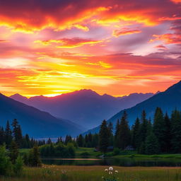 A visually stunning and vibrant landscape showcasing a vast, colorful sunset over a picturesque mountain range