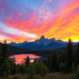 A visually stunning and vibrant landscape showcasing a vast, colorful sunset over a picturesque mountain range