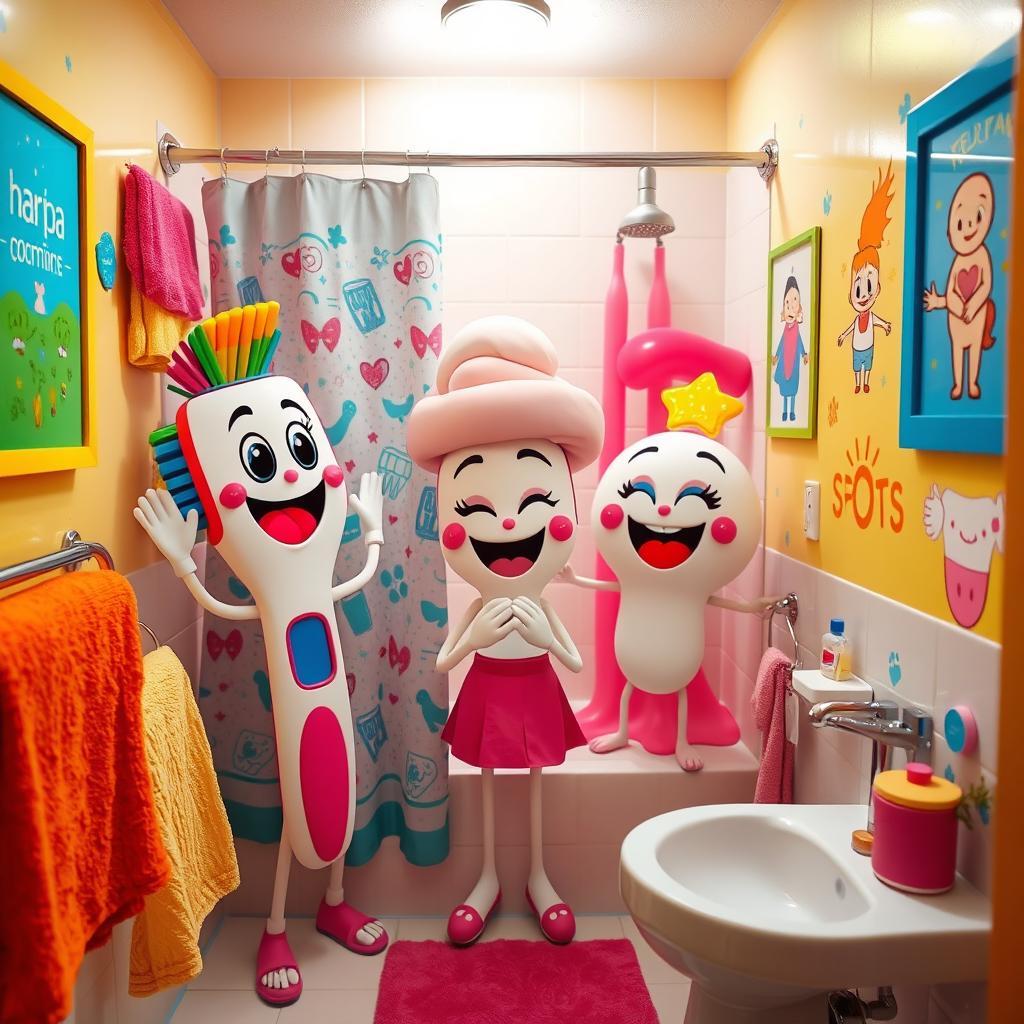 In a small, colorful bathroom filled with bright and playful decorations, three cartoon character friends are having fun: Toothbrush named 'Fariha' is vibrant with a smiling face and colorful bristles, Soap called 'Sally' is bubbly and cheerful with a joyful expression, and their companion 'Merjan', represented as a friendly wave of water, sparkling and playful