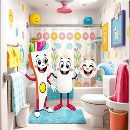 In a small, colorful bathroom filled with bright and playful decorations, three cartoon character friends are having fun: Toothbrush named 'Fariha' is vibrant with a smiling face and colorful bristles, Soap called 'Sally' is bubbly and cheerful with a joyful expression, and their companion 'Merjan', represented as a friendly wave of water, sparkling and playful