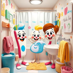 In a small, colorful bathroom filled with bright and playful decorations, three cartoon character friends are having fun: Toothbrush named 'Fariha' is vibrant with a smiling face and colorful bristles, Soap called 'Sally' is bubbly and cheerful with a joyful expression, and their companion 'Merjan', represented as a friendly wave of water, sparkling and playful