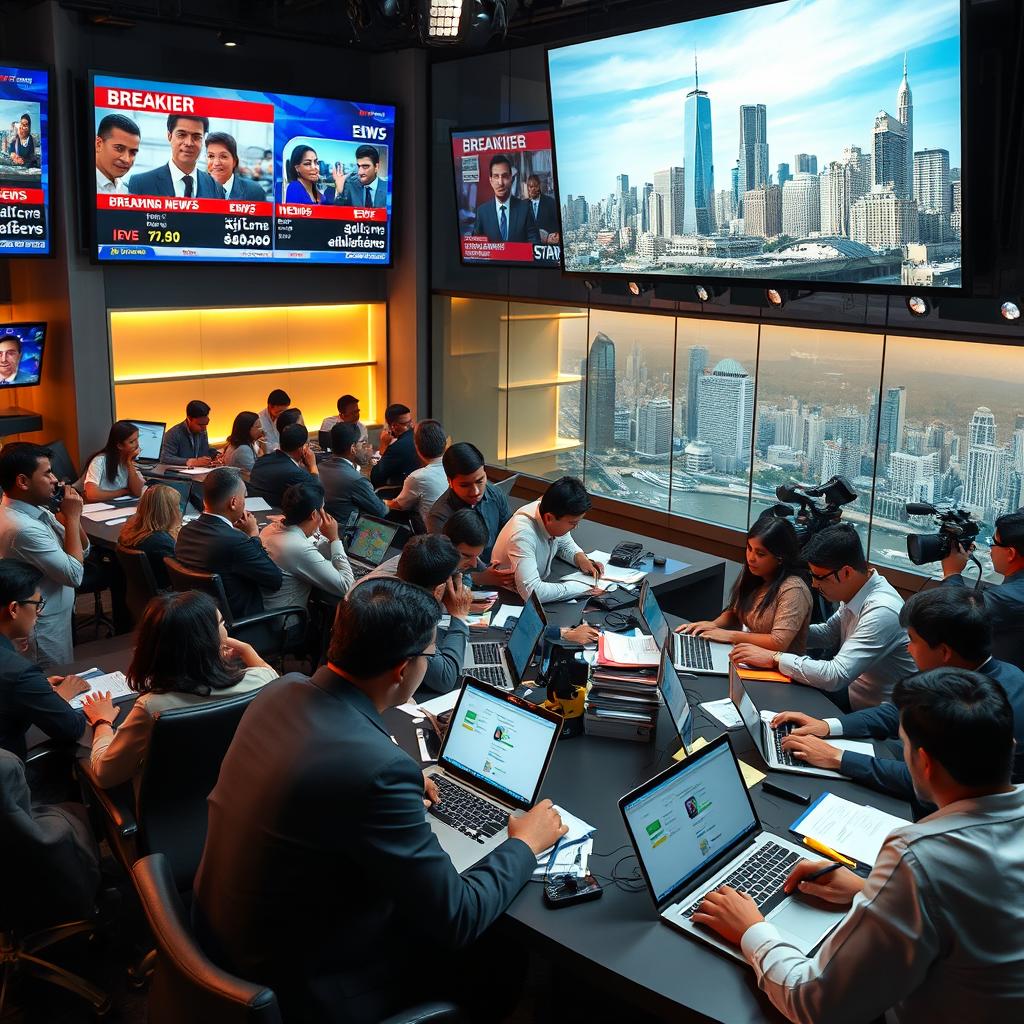 A state-of-the-art newsroom setting with journalists working diligently