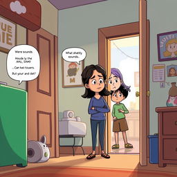 A cartoon-style illustration of a room with a door slightly open, revealing sounds of chatter and activity from inside