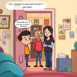 A cartoon-style illustration of a room with a door slightly open, revealing sounds of chatter and activity from inside