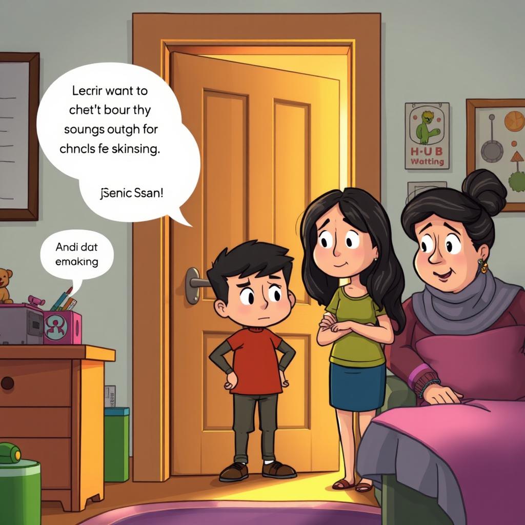 A cartoon-style illustration of a room with a door slightly open, revealing sounds of chatter and activity from inside