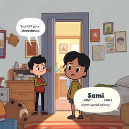 A cartoon-style illustration of a room with a door slightly open, revealing sounds of chatter and activity from inside