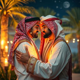 A visually captivating scene featuring two middle-eastern men in a romantic embrace, surrounded by a luxurious Arabian night setting